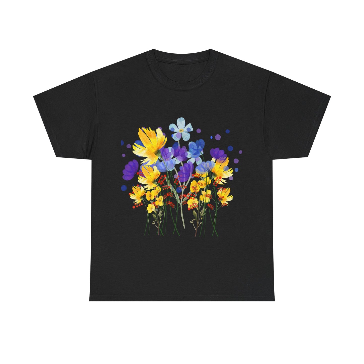 Wildflower Watercolour Floral Graphic T-Shirt - Bold Botanical Print on Black