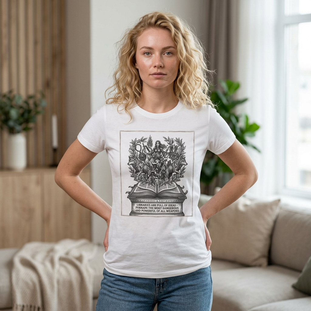Romantasy graphic t-shirt design featuring a fire-wielding warrior heroine, two wolves, crossed swords, fae figures, and an open book with a library quote, illustrated in a vintage woodcut style