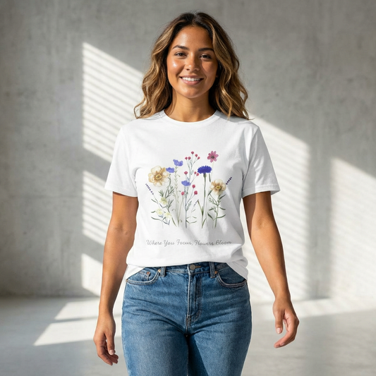 "Where You Focus, Flowers Bloom" Wildflower T-Shirt – Unisex Botanical Graphic Tee