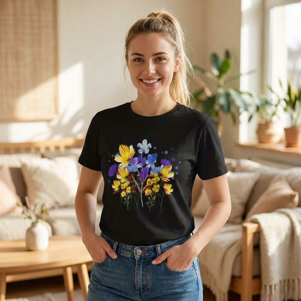 Wildflower Watercolour Floral Graphic T-Shirt - Bold Botanical Print on Black