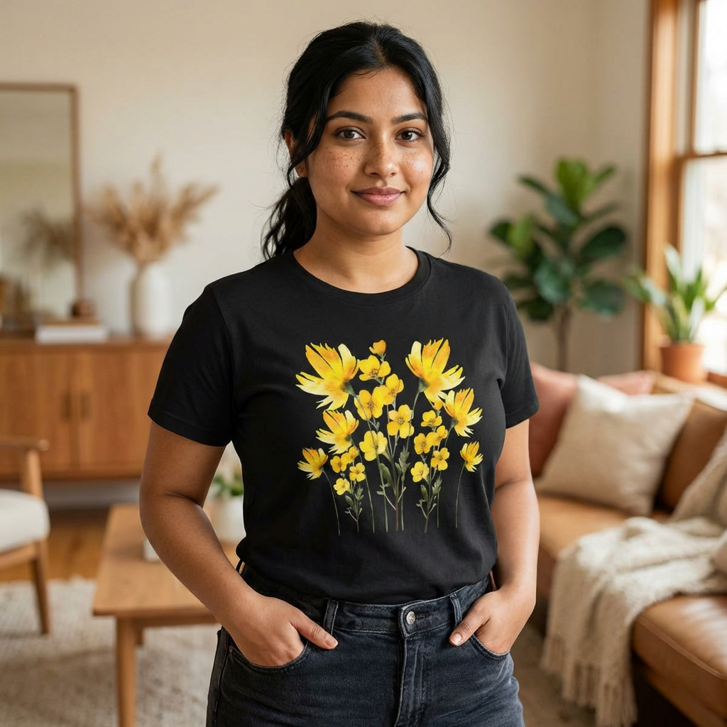 Golden Wildflower Watercolour T-Shirt - Yellow Sunflower Botanical Print